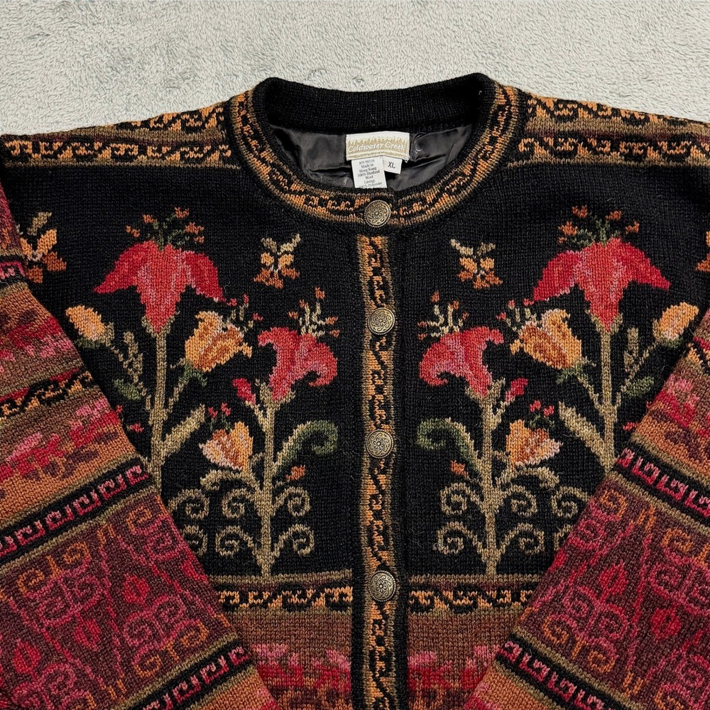 Coldwater Creek Floral Shetland Wool Lined Cardigan Sweater XL Red Black V#I326 - Picture 3 of 10